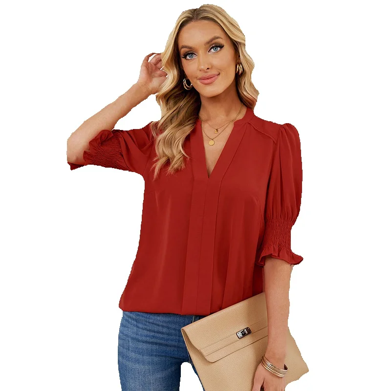 

Spring Women's Solid Color Half Sleeved V-Neck Shirt Women's Pleated Printed Short Top Women