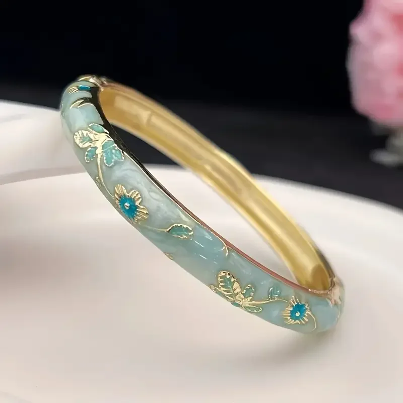 Cloisonné Enamel Water Droplet -Plated Open Bangle Bracelet for Women Vintage Ethnic Style Bracelet Jewelry Suit for Gifts