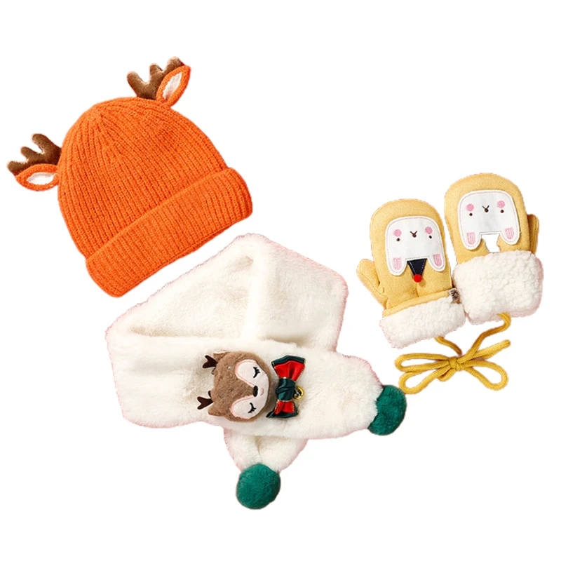 Winter Hat Scarf Kids Gloves Or Toddlers Gloves Baby With Deer Horn for Boy Girl Ages 1-3 Toddler Plush Scarf