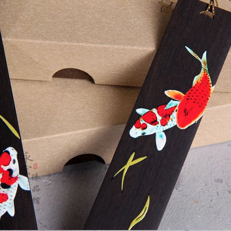 Wooden Bookmark Chinese Style Retro Painted Koi Carp Tassel Pendant Creative Book Mark Students Supplies Stationery Accessories
