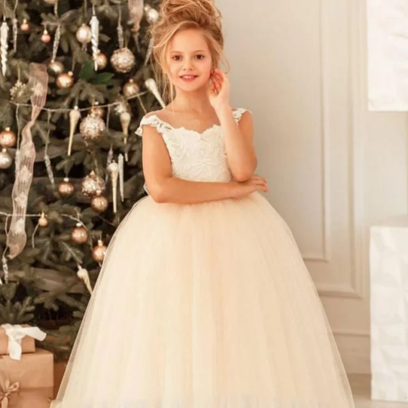 

Flower Girl Dresses Champagne Tulle Puffy Appliques Long Skirt Sleeveless For Wedding Birthday Banquet Holy Communion Gowns