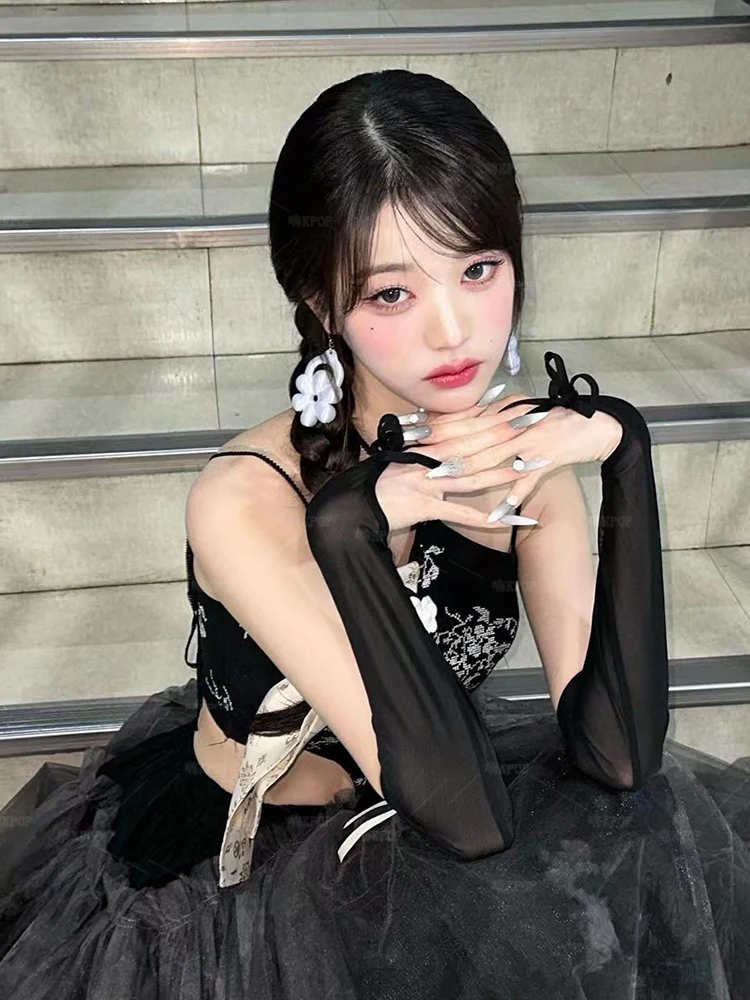 K POP Singer Idol Costume Jazz Dance Printed Black Bra Mesh