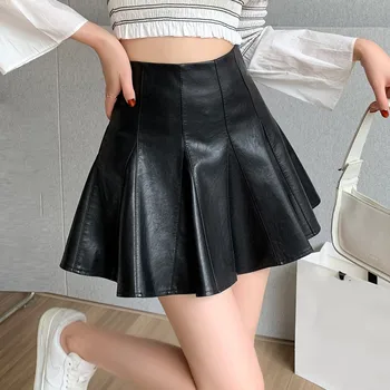 Autumn Winter Leather Pleated Skirt Woman 2026 High Waist Sexy Black Club Wear Short Pu Skater Skirts Femme