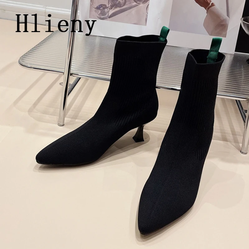 

Hlieny Winter New Knitted Stretch Fabric Breathable Ankle Boots Stretch Women Booties Sexy Pointed Toe Ladies Pumps Shoes