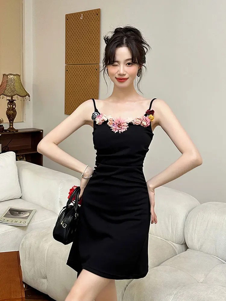 

Sexy Appliques Black Mini Dress Vintage Floral Sleeveless Bodycon Dress Sundress Night Club Party Spaghetti Strap Vestido Korea