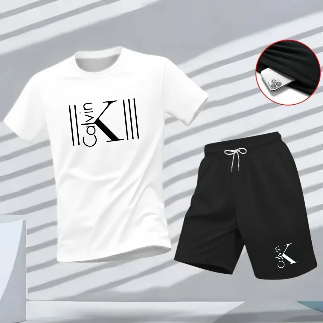 Men's Breathable sports pattern Printed T-shirt Casual Fashion short-sleeved T-shirt Summer streetwear top Two-piece set.