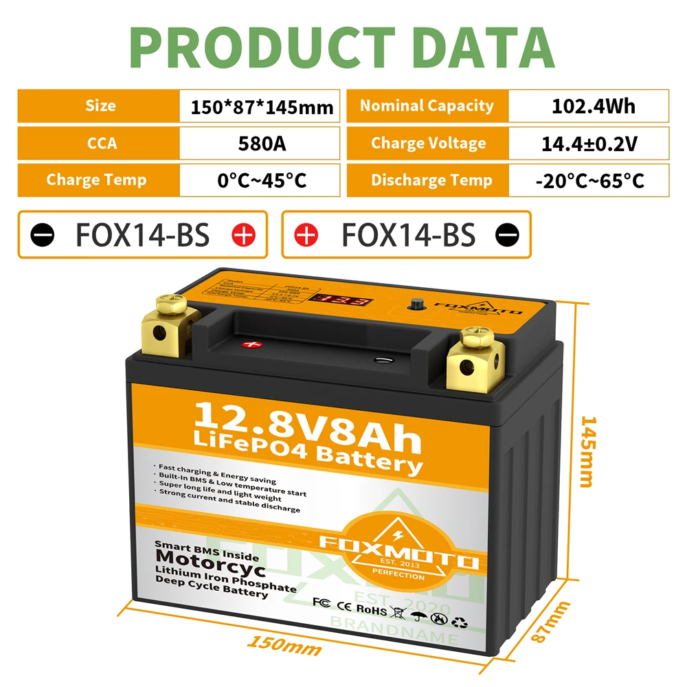 Fox14-Bs 12.8V 102.4Wh Cca 580A Bms Moto Start Batteria 12.8V Litio Ferro Fosfato Scooter Lifepo4 Batterie Ytx14-Bs