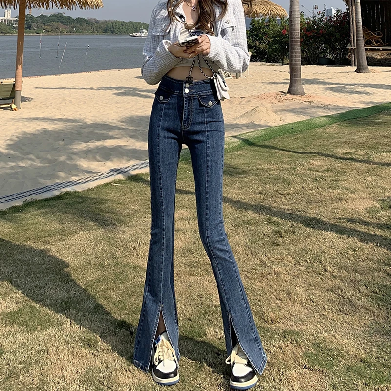 High Waist Double Breasted Jeans For Women Summer Split Flare Denim Pants Skinny Full Length Jean Trousers Female 0816 paige jeans Jeans