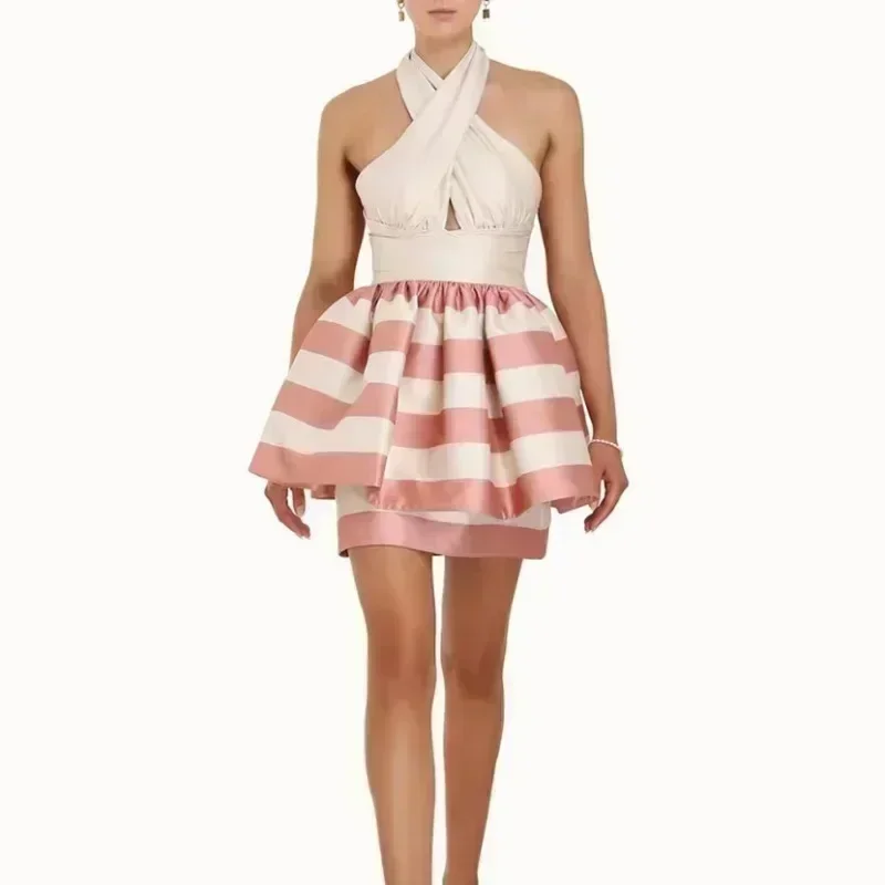 

Женское платье мини с лямкой на шее, праздничное платье в розово-бежевую полоску с принтом, весна 2023