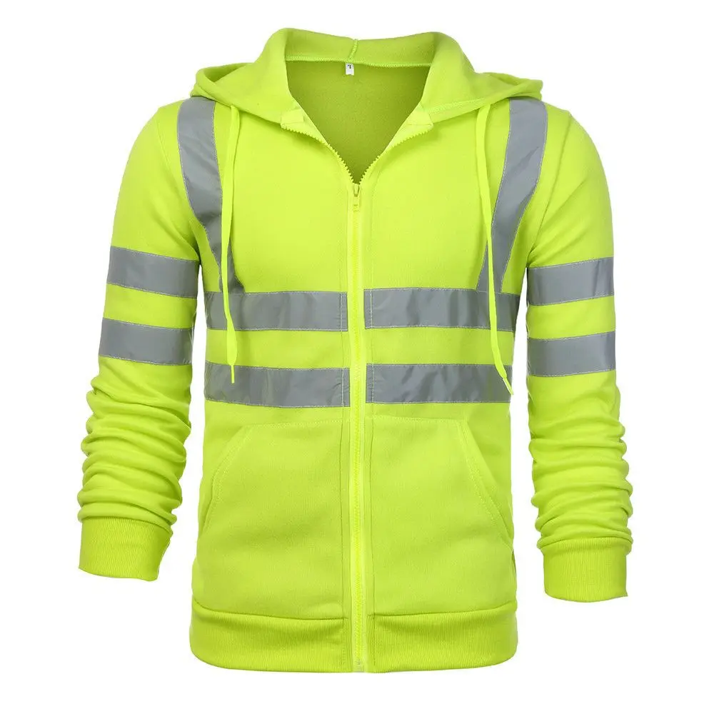 M-4XL Zip Hooded Fleece Sweatshirt Hi Viz Vis Reflective Pullover Hoodie High Visibility Jacket