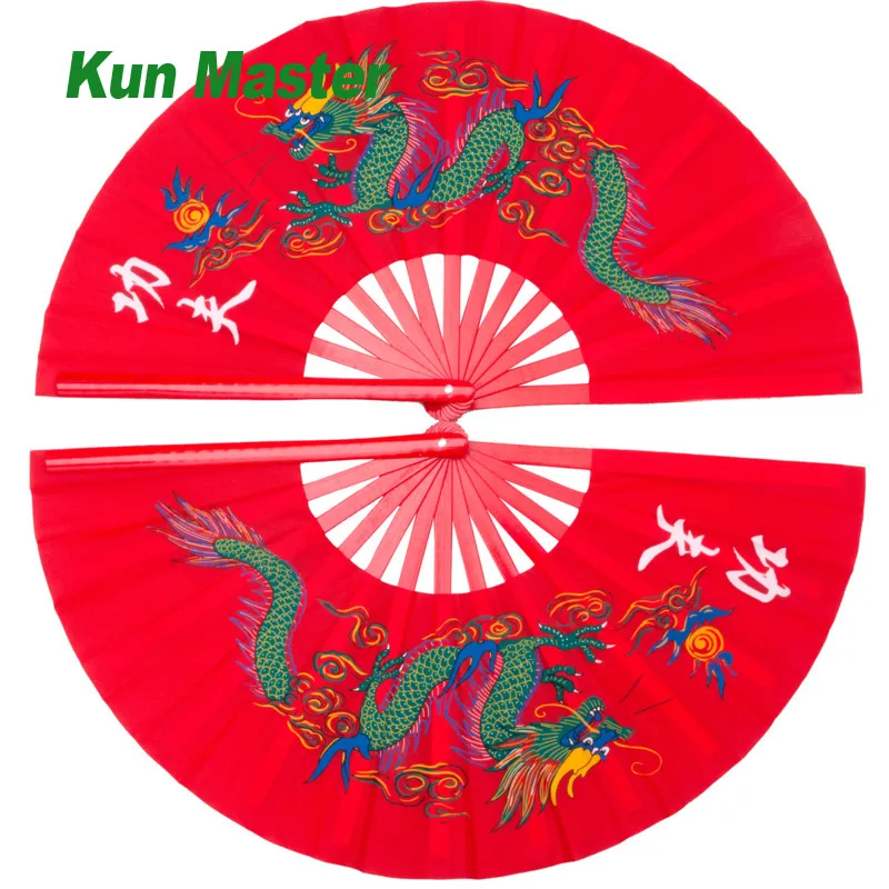 Fan Di Tai Chi 34Cm Di Bambù Cinese Fan Di Kung Fu Fan Di Arti Marziali Di Alta Qualità Fan Di Due Mani Fan Dragon Pattern Red Cover Wushu Fitness