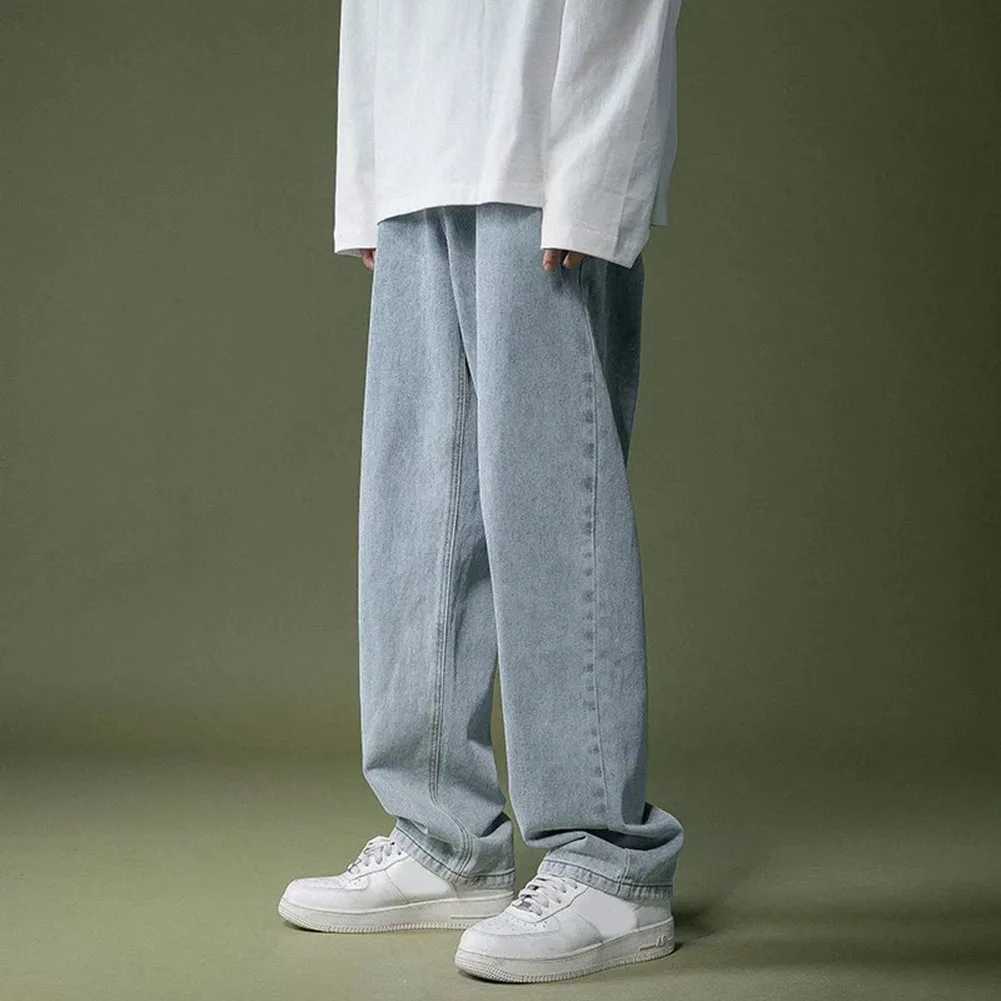 

Comfy Fashion Daily Men Trousers Student Summer Waist Wide-leg Baggy Jeans Casual Cotton Blend Elastic Korean Style