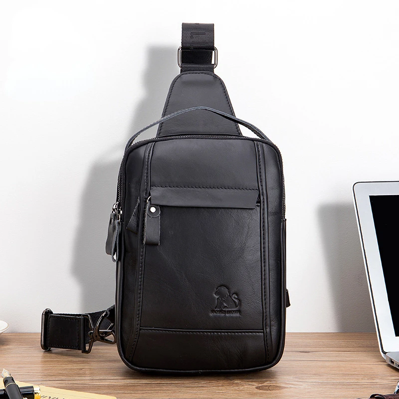 Cowhide Men's Chest Bag Retro Leather Casual Chest Bag Large Capacity Vertical Black Dark Brown Single Shoulder Crossbody Bag