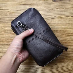 Men's Genuine Leather Retro Casual Wallet - Soft Cowhide with Large Capacity and Zippered Phone Compartment (Dark Brown)