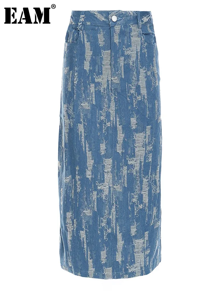 

Женская джинсовая юбка с завышенной талией EAM, повседневная трапециевидная юбка с завышенной талией, весна-осень 2024