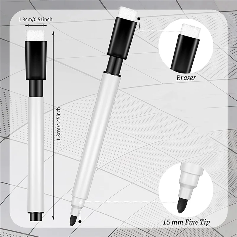 200 조각 자기 건조 지우기 마커 화이트 보드 검정색 건조 지우기 마커 고무 캡 미세 팁 건조 지우기 마커