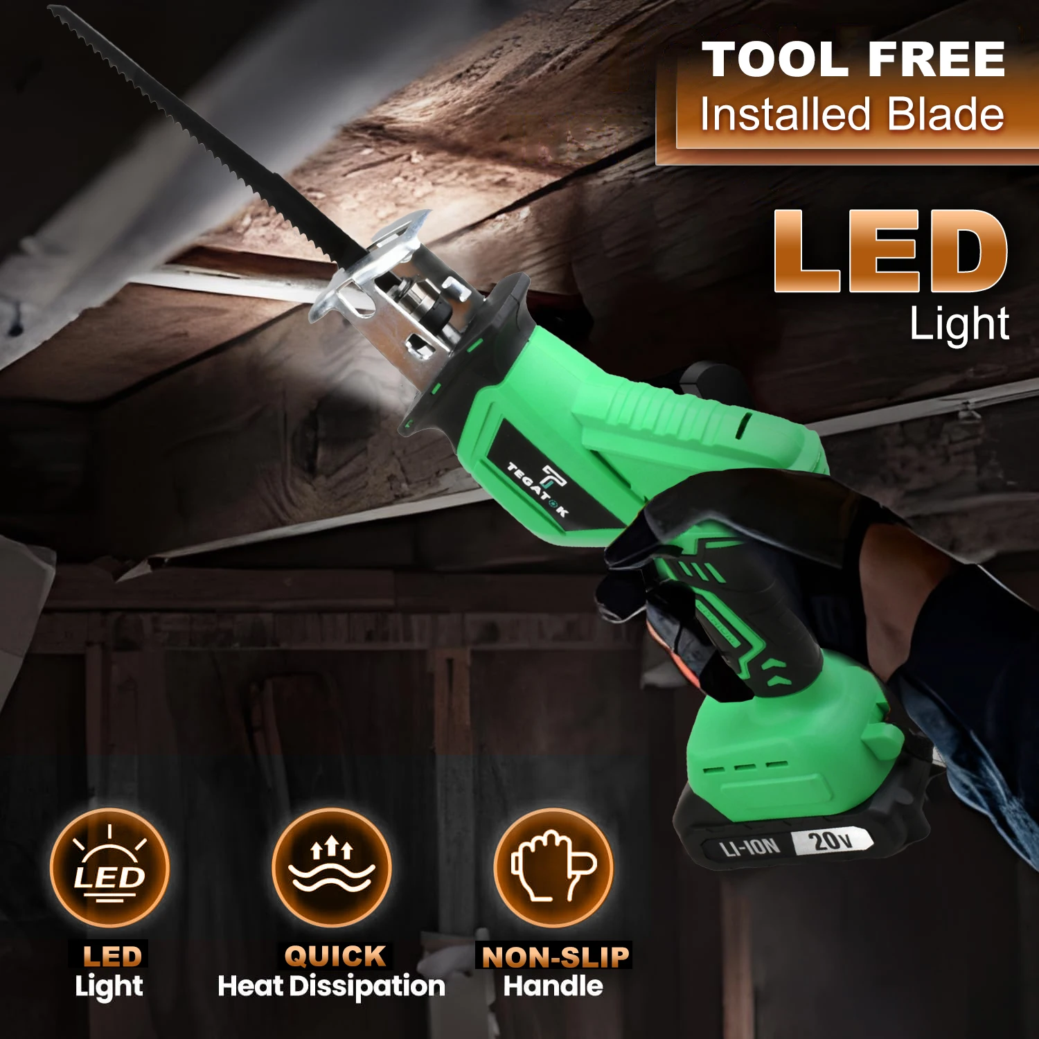 Tegatok 20V Cordless Reciprocating Saw Variable Speed 3000 RPM Tool-Free Blade Changes For Wood Metal And PVC Cutting