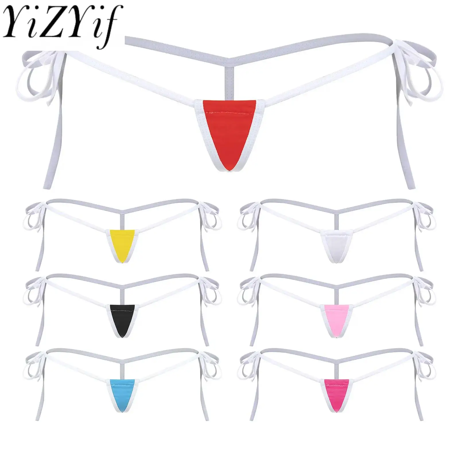 Womens Contrast Color T-back Adjustable Lace-up G-string Low Rise Thong Micro Bikini Underwear for Vacation Beach Sunbathing