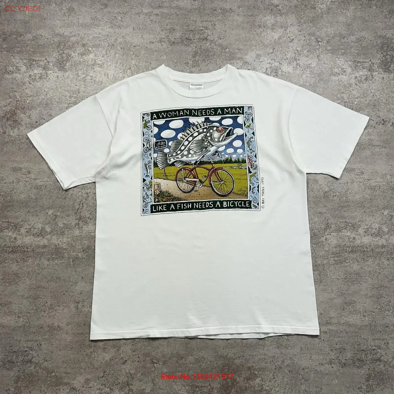 VTG 90s RAY TROLL 1993 FISH BICYCLE ART T SHIRT SIZE XL ONEITA