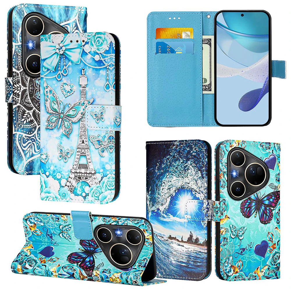 Charming Painted PU Leather Flip Wallet Stand Case with Card Holder