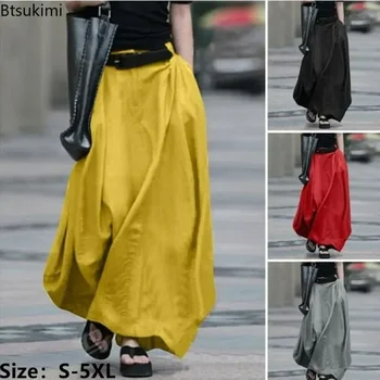 2025 Vintage Summer Skirts Women High Waist Solid Party Skirt Female Beach Maxi Cotton Long Skirts Oversize 4XL 5XL A-Line Skirt