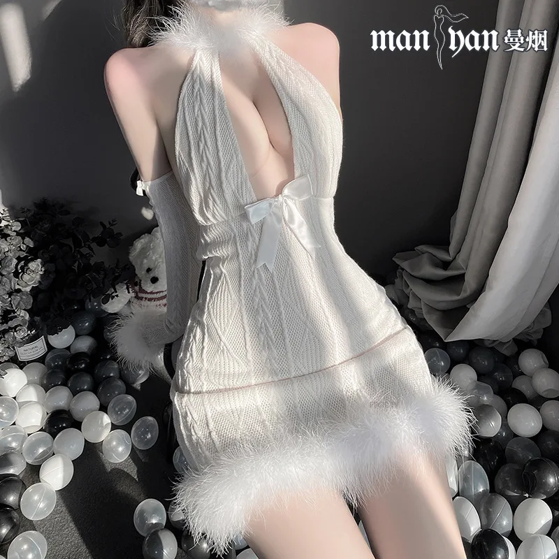 Lolita Cosplay Costumes Bunny Girl Halter Backless Plush Slim Tight Mini Dress Hollow Out Kawaii Furry Sheep