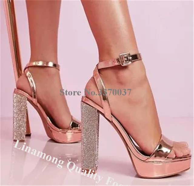 Bling Bling Rhinestones Chunky Heel Sandals Linamong Luxurious Rose Gold  High Platform Thick Heel Wedding Shoes Crystals Heels - Women's Sandals -  AliExpress