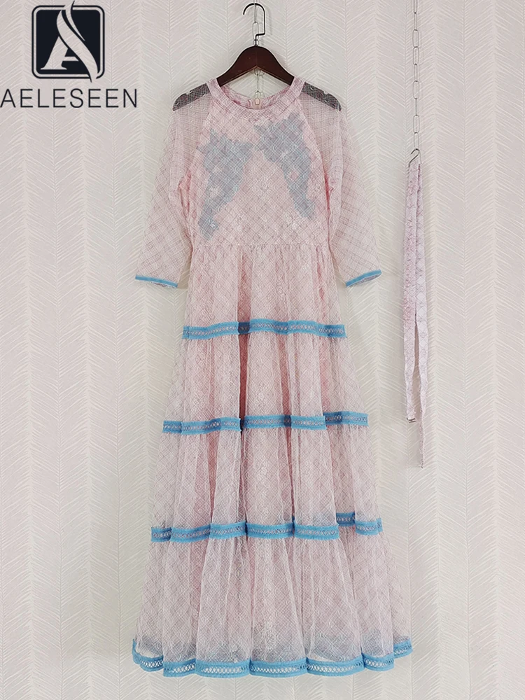 

AELESEEN High Quality Women Lace Dress Runway Fashion Summer Pink Mesh Patchwork Elegant Long Party Holiday