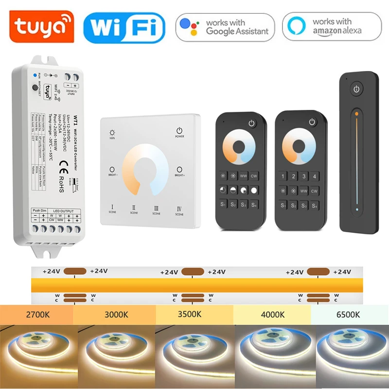 Tuya Wifi 24V Cct Cob Led Strip Light 3 Colori 3500K-6500K Ra90 608Led/M Light 2.4G Rf Touch Remote Smartlife Per Alexa Google