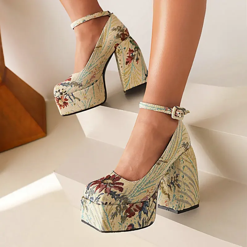 

Flower Design Elegant Vintage Female Shoes Slash Square Toe Ankle Buckle Platform Pumps Womens New Chunky Thick Heels Mary Janes