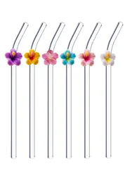 Set of Reusable Glass Straws with Floral Accents - Elegant High Borosilicate Curved Straws (Mix 6Straws)