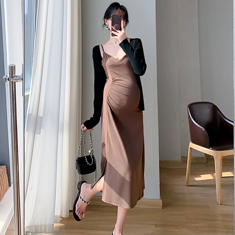 2024 Summer Pregnant Woman Cotton Strap Dress High Waist V-Neck Maternity Split Dress Sleeveless Pregnancy Clothes Black Coffee