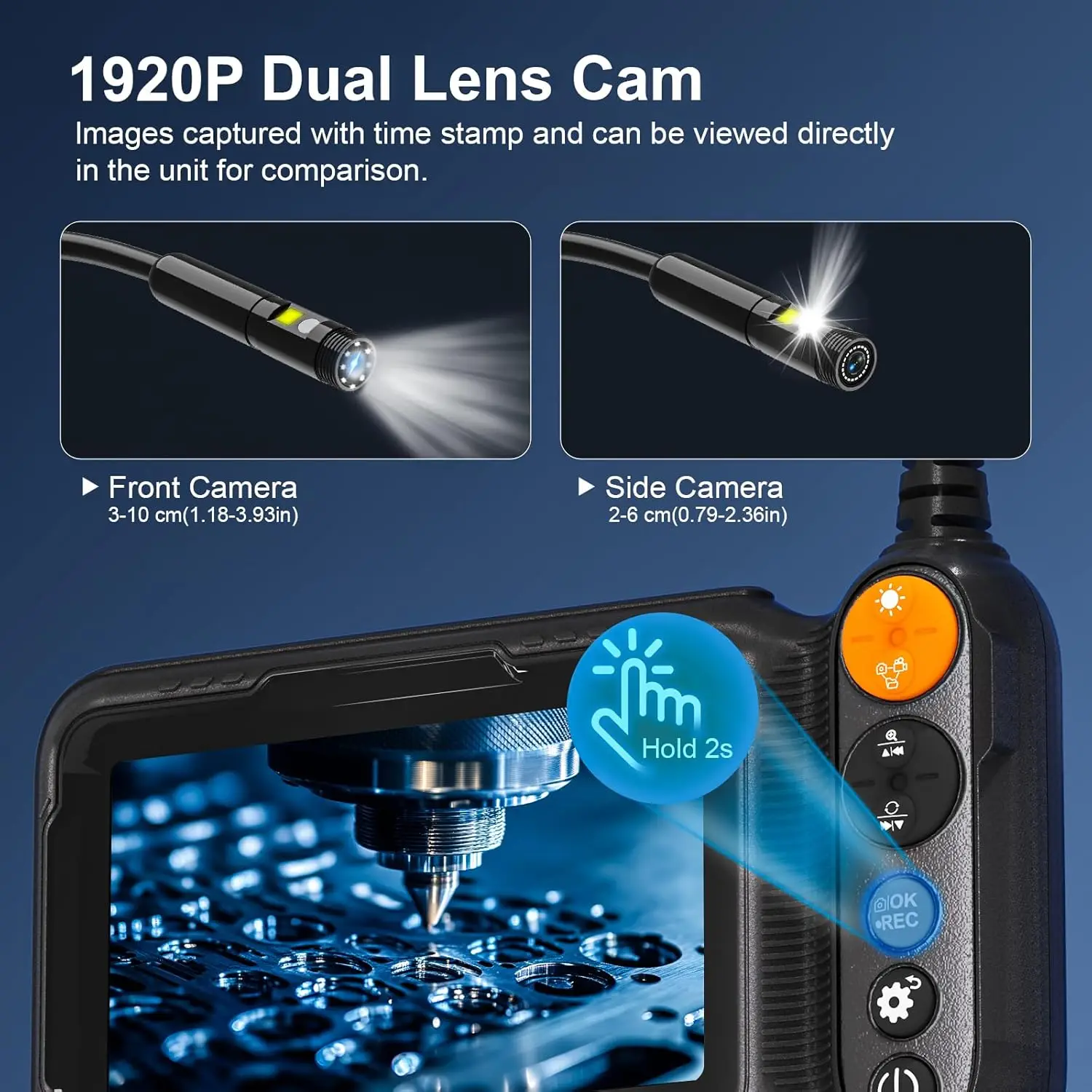 Endoscope Camera with Light, 5-inch Dual Lens 1920P HD Borescope, 7.9mm Camera with 9 LEDs, 16.5ft Semi-Rigid Cable, IP67
