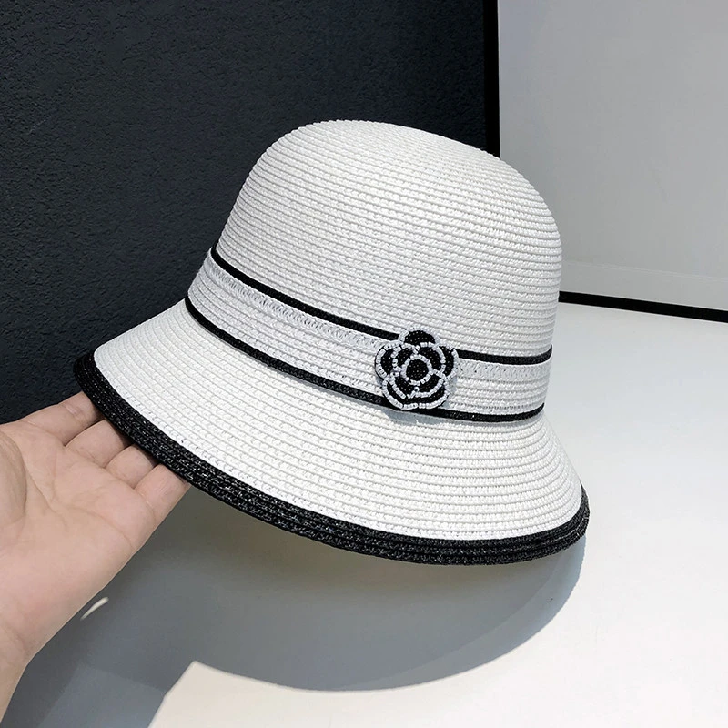 Women's New Spring Summer Straw Camellia Bucket Hat Sunscreen Hat Elegant Floral Elegant Straw Travel Beach Panama Cap