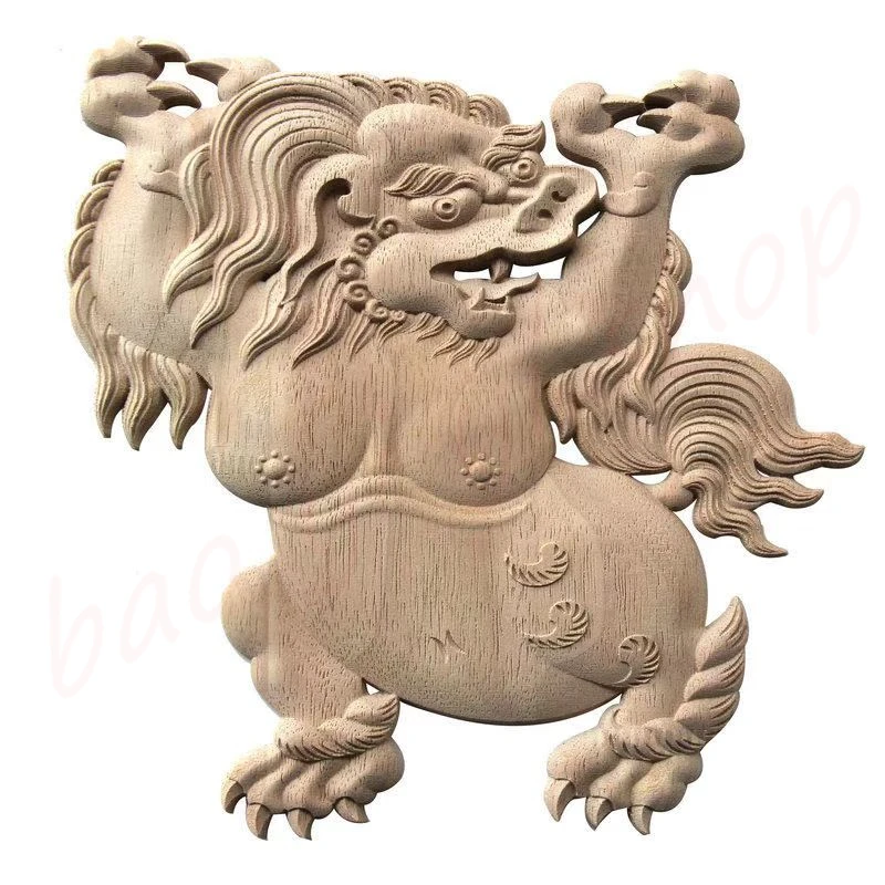 Solid wood flower piece, Tibetan wood carving lion, home decoration patch, rubber wood, unpainted, one pair 6