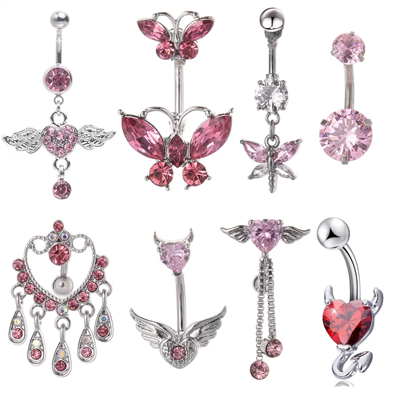 Steel Belly Button Rings Pink Crystal Piercing Navel Heart Style Navel Piercing Earring Belly Sexy Body Jewelry Ombligo