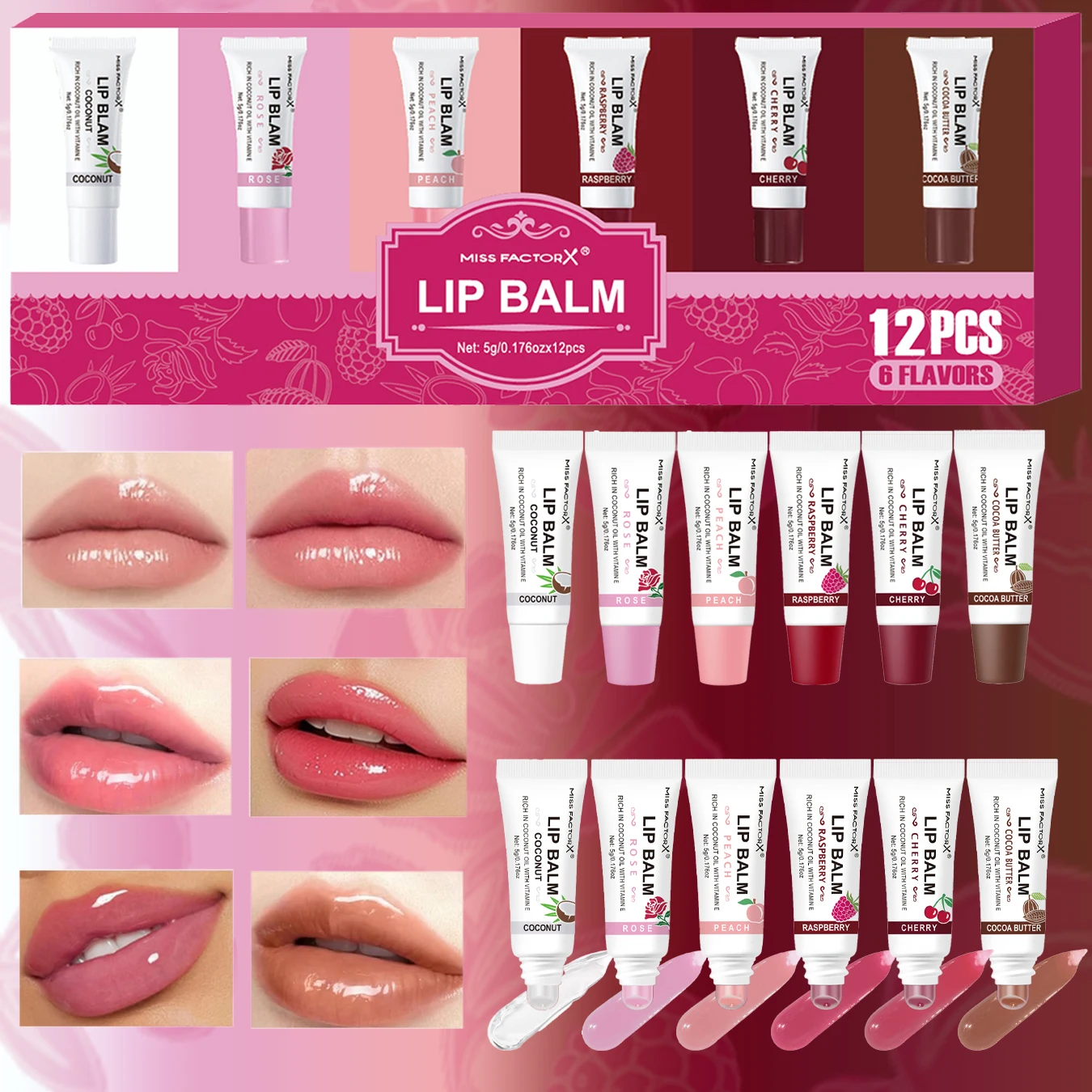 12pcs Lip Oil Set with 6 Flavors - Coconut, Rose, Peach, Raspberry, Cocoa Oil Flavors, Moisturizing Gloss, Strengthening Lip Col