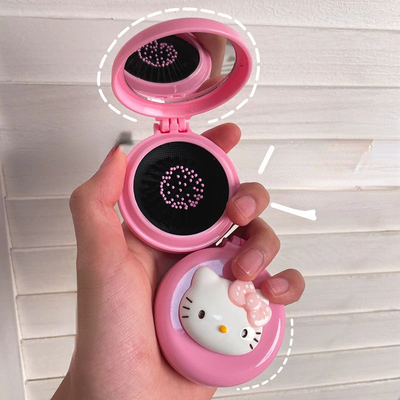 Hello Kitty Kt Small Mirror Portable Mini Flip Airbag Comb Foldable