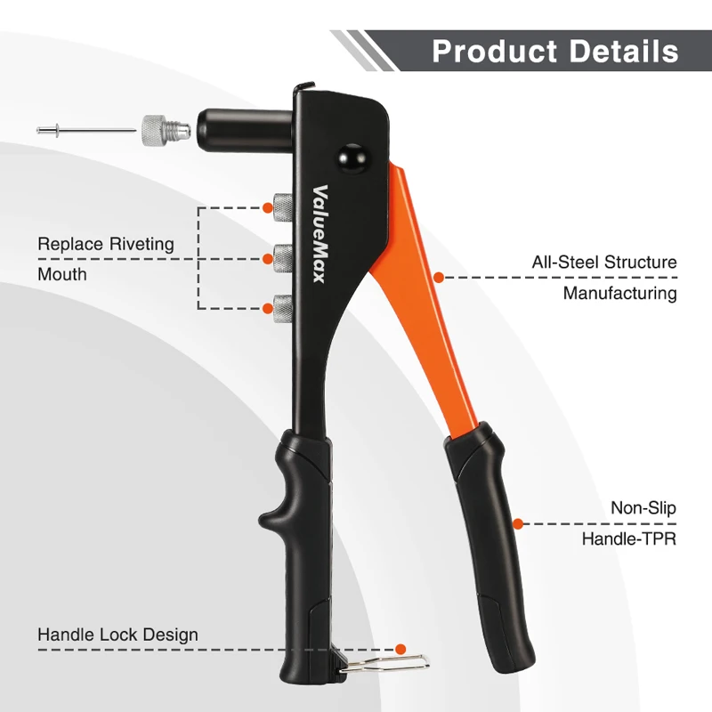 Valuemax ruka nářadí nýtovačka sada odborný manuál nýt pistole nářadí domácí spravit a DIY s 200 nýty 2.4mm 3.2mm 4.0mm 4.8mm