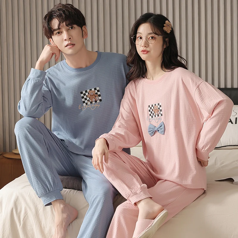 

Pajamas Men and Women Ｗaffle Spring And Autumn Long Sleeved Pijamas Lovers Home Suit