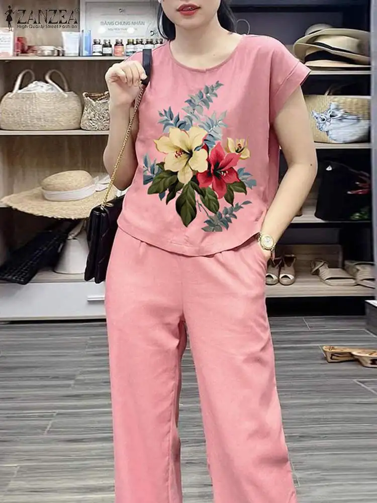 

Модный праздничный костюм ZANZEA, женская блузка с коротким рукавом и круглым вырезом, свободные брюки, 2 шт., элегантные комплекты с цветочным принтом в винтажном стиле