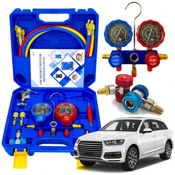 3 Way AC Manifold Gauge Set with 1.2m Hoses AC Diagnostic Manifold Gauge Set for R134A/R22/R410/R404 Freon Charging Tool 1