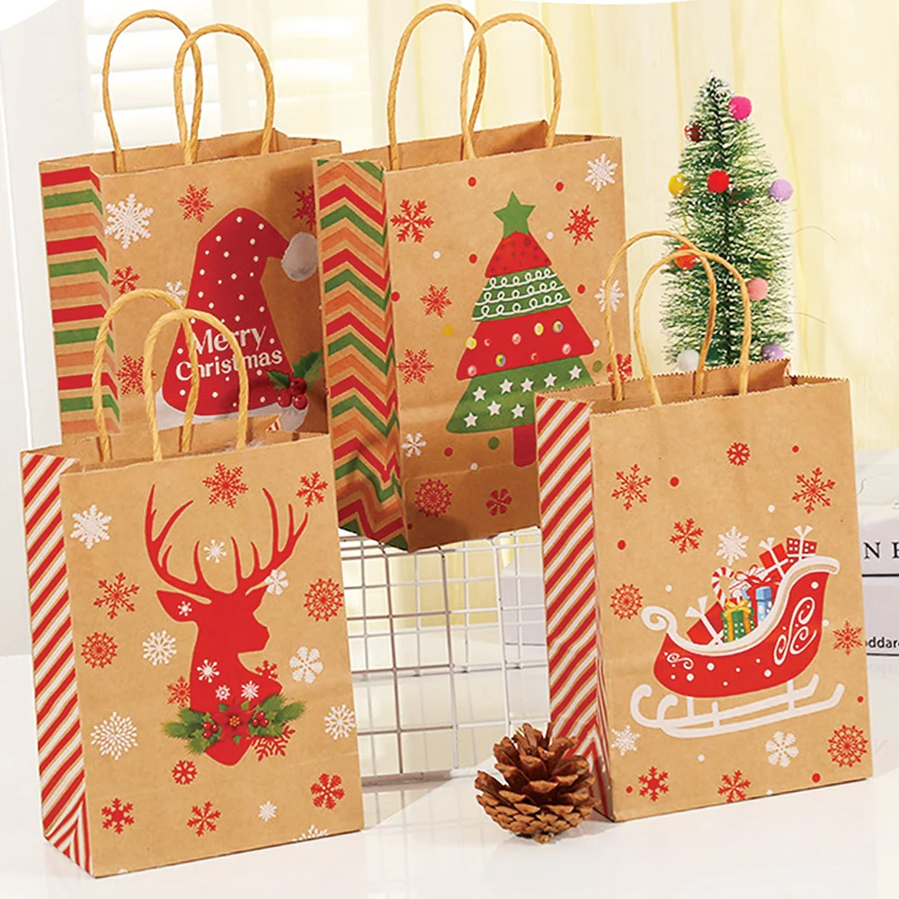 

4Pcs Christmas Kraft Paper Gift Bags with Twine Handles Large Xmas Gift Bags Birthday Holiday Present Wrapping Goodie Bags