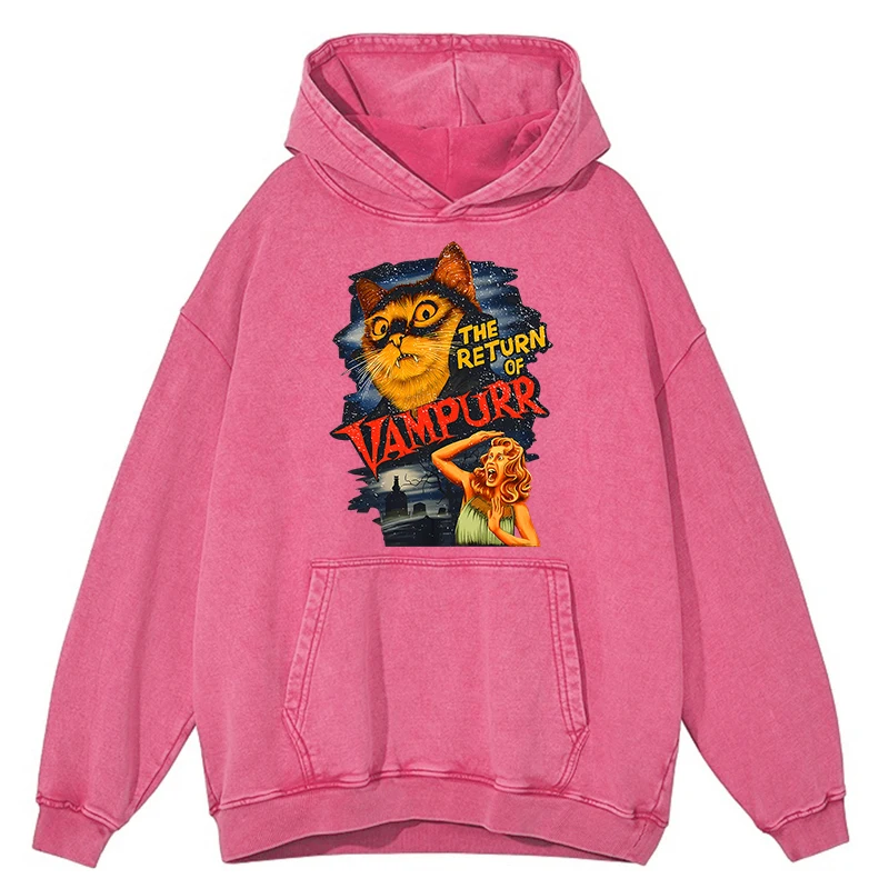 Sudadera con capucha para hombre, estilo retro desgastado, con el regreso del gato Vampurr, 100 % algodón, ropa deportiva holgada de otoño, sudadera informal de gran tamaño