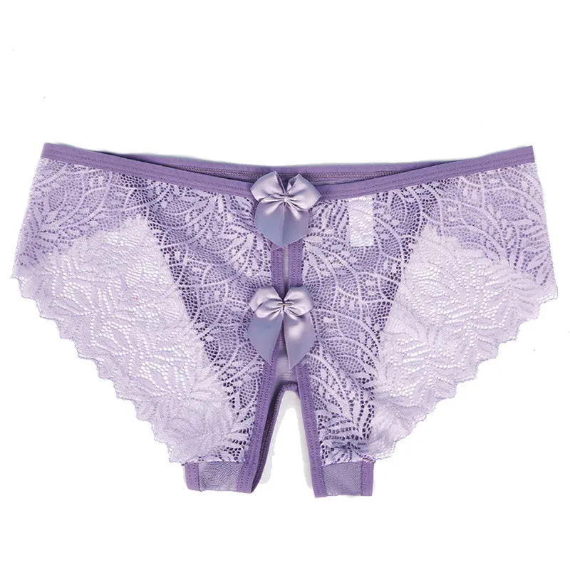 Women Exotic Sexy Lace Open Crotch Panties Mesh Perspective Underwear Ladies Lace Bow Thong Crotchless Briefs Erotic Lingerie