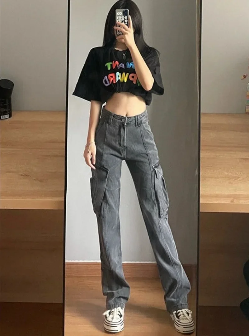 

With Pockets Trousers Straight Leg Gray High Waist Shot Women's Jeans Cargo Pants for Woman Stylish Grunge Y2k A Vibrant Stretch