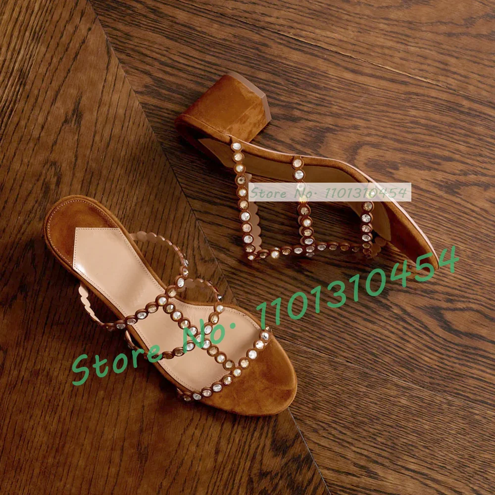 

Rhinestone T Strap Block Heel Slippers Women Elegant Real Leather Suede Sparkling Shoes Girl's Open Toe Nude Sheepskin Mules