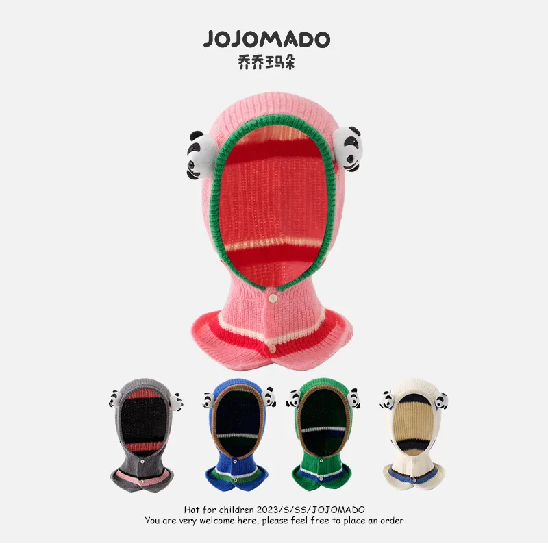 Kid 3-8 Year Old Children Knitted Hat Stripe Contrast Cover Panda Neck Woolen Cap Outdoor Weather Cold Warm Ear Protection