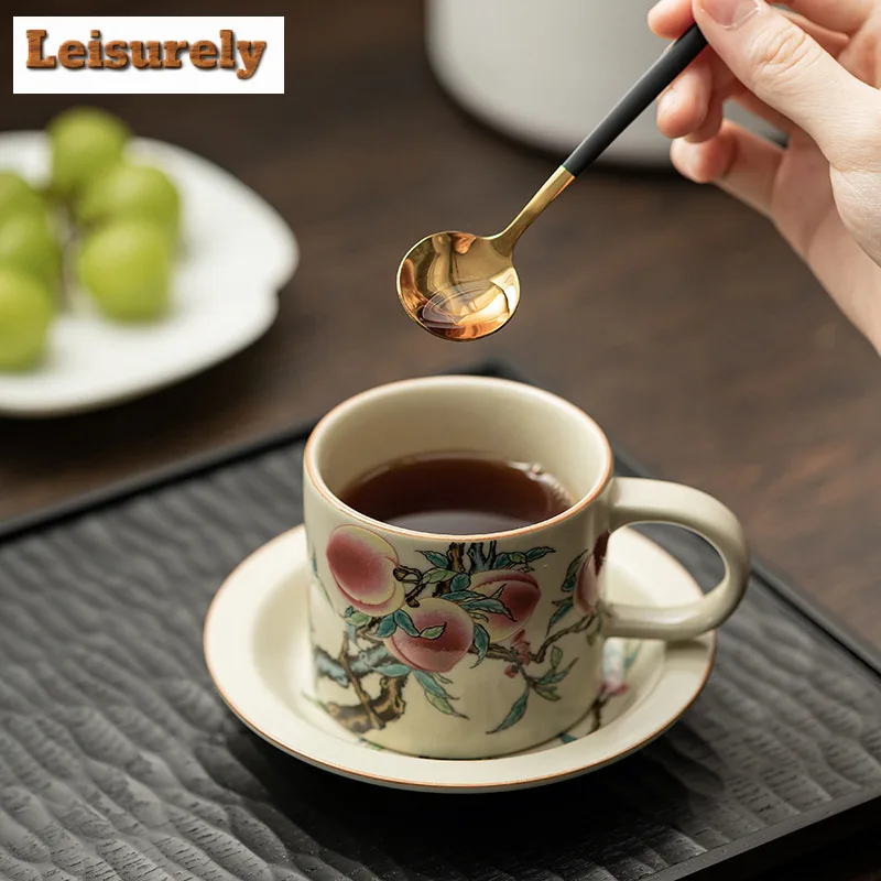 180ml Antique Ru Kiln Nine Peach Coffee Cup Ladies' Exclusive Afternoon Tea Mug Office Work Mug Cup Saucer Cappuccino Latte Cup
