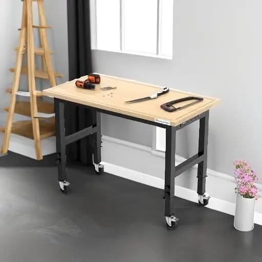 48" Heavy-Duty Adjustable Workbench with Brake Wheels,Hardwood Worktable Weight Capacity Over 2000 Lbs,Rubber Wood Workbench